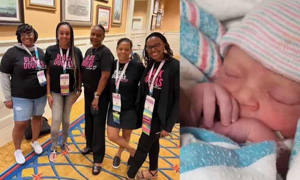 Posing at the Parents as Teachers 2021 International Conference in Baltimore from left are Black Doulas Erica Toberts, Tara Evans, Donna Givens, Robin Lloyd and Aminah Williams. Sleeping peacefully is Baby Jace.