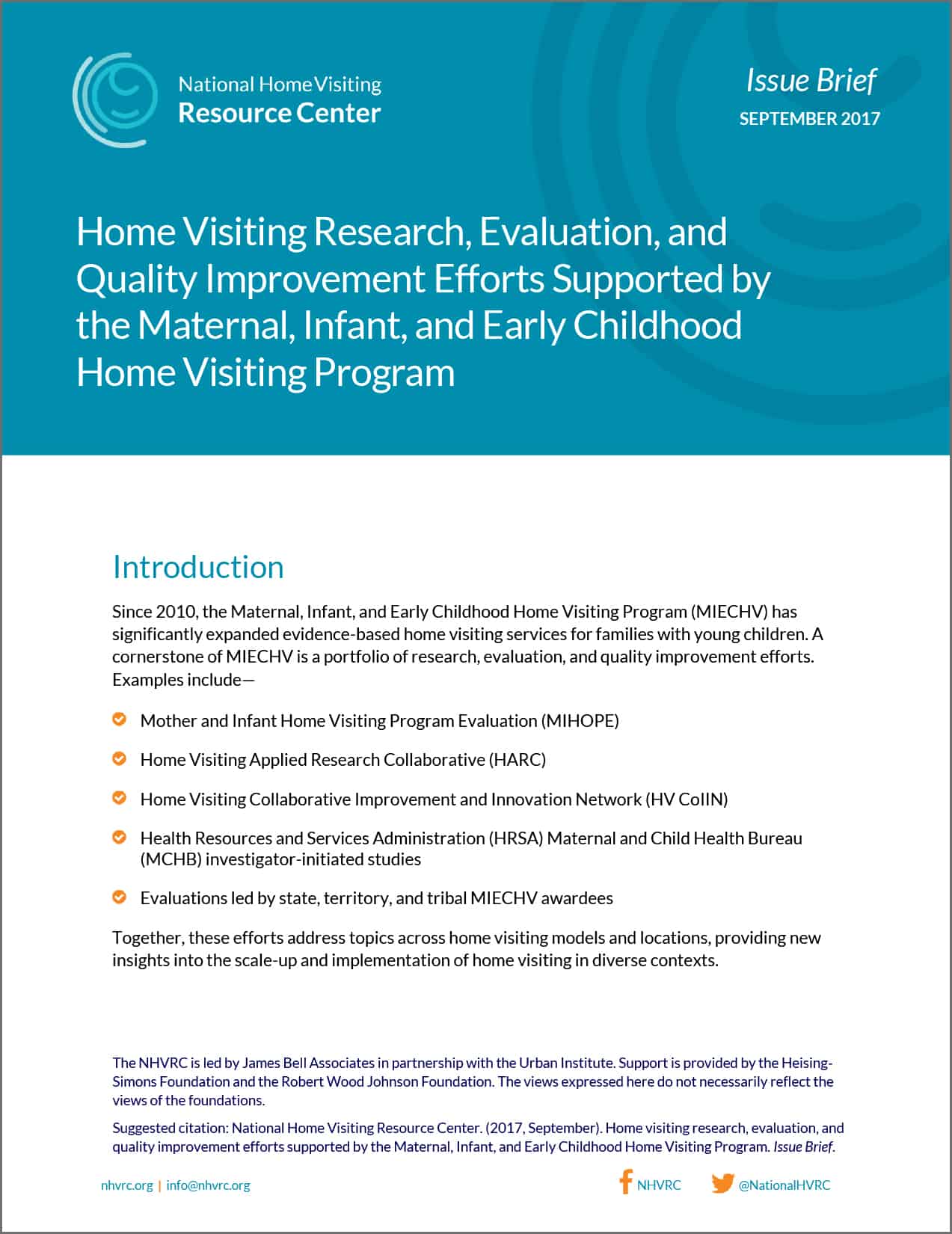 NHVRC Issue Brief, Home Visiting Research, Evaluation, and Quality Improvement Efforts Supported by the Maternal, Infant, and Early Childhood Home Visiting Program