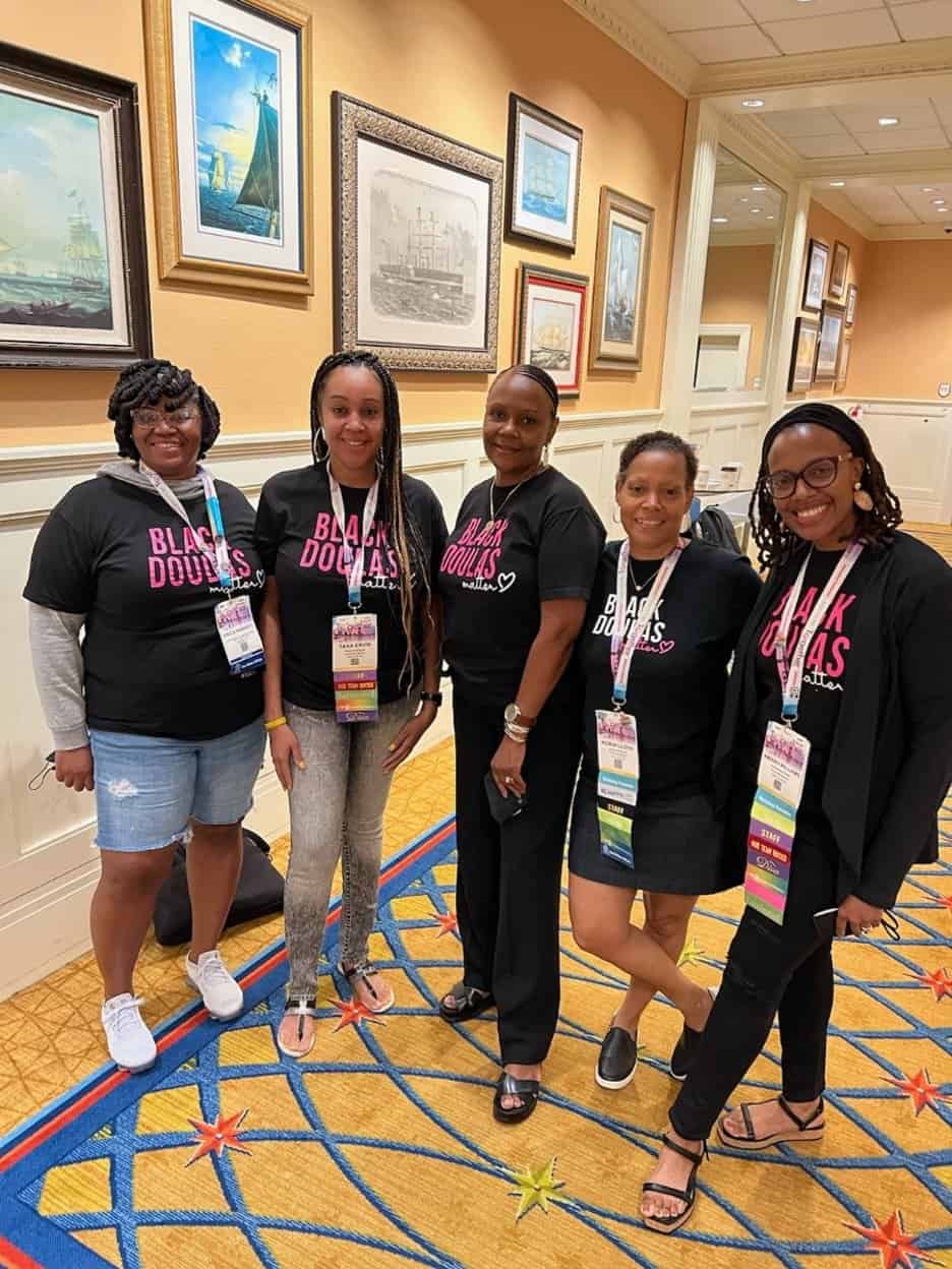 SMSF Five Black Doulas: Posing at the 2021 PAT International Conference in Baltimore, MD., from left are doulas Erica Roberts, Tara Ervin, Donna Givens, Robin Lloyd, and Aminah Williams.