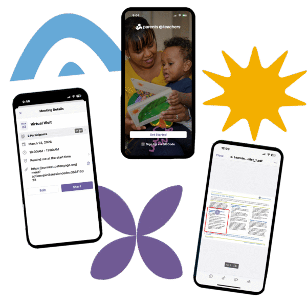 Three smartphone screens showing a parenting app: sign-in with parent and child, a scheduled virtual visit details screen, and a PDF view.