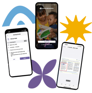 Mobile app mockup collage showing a mother reading a picture book to a toddler with app screens and colorful shapes
