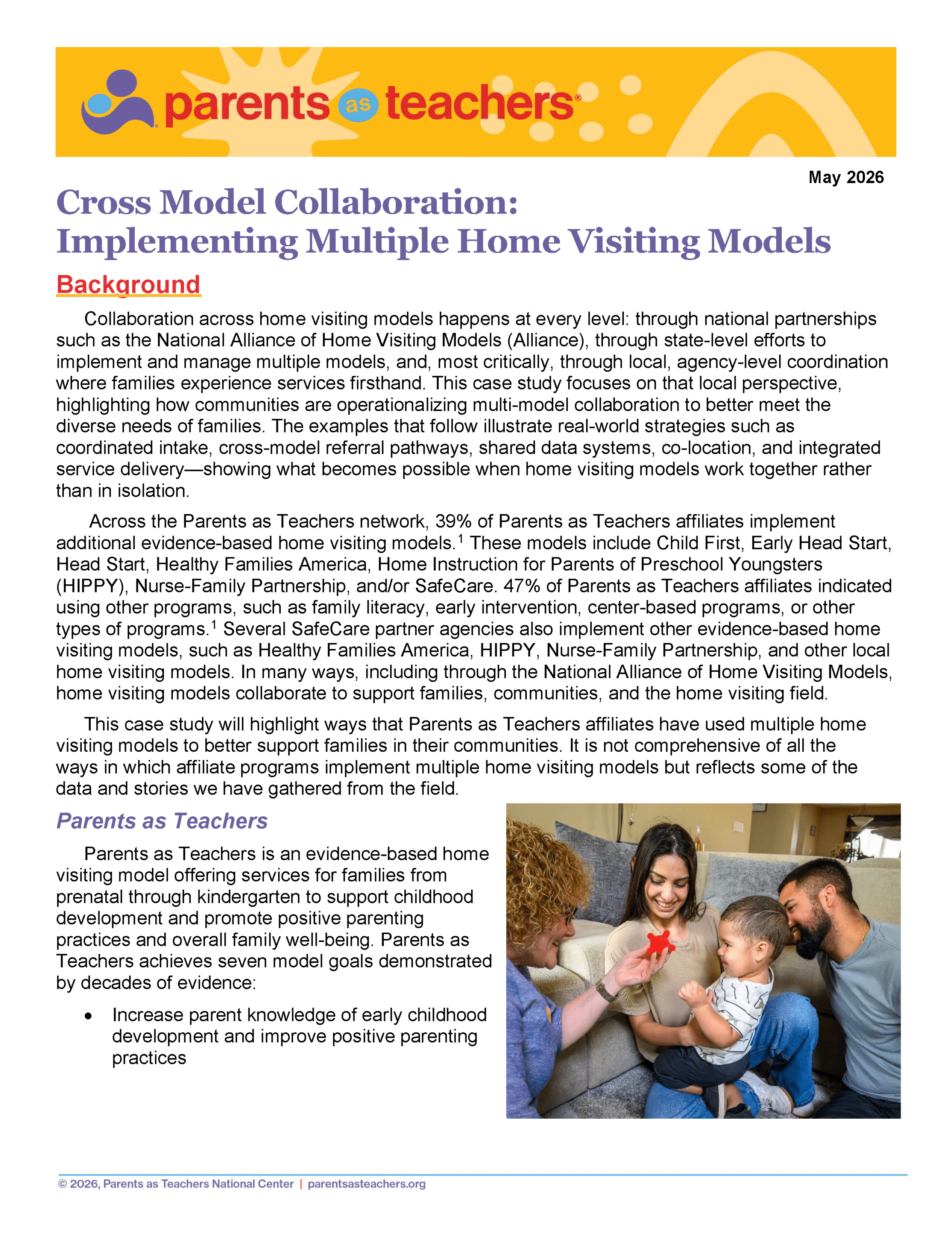 Cover page of a Parents as Teachers case study titled "Cross Model Collaboration: Implementing Multiple Home Visiting Models" with logo, background text, and a photo of a smiling family with a toddler.