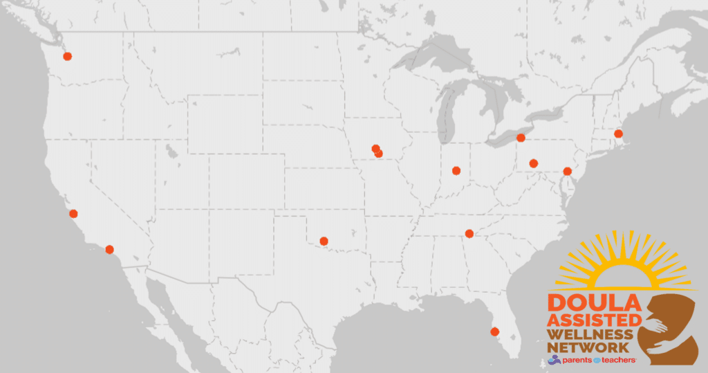 Map of the United States with orange location dots marking several cities and a partial "Doula Assisted Wellness Network" logo in the lower right corner.