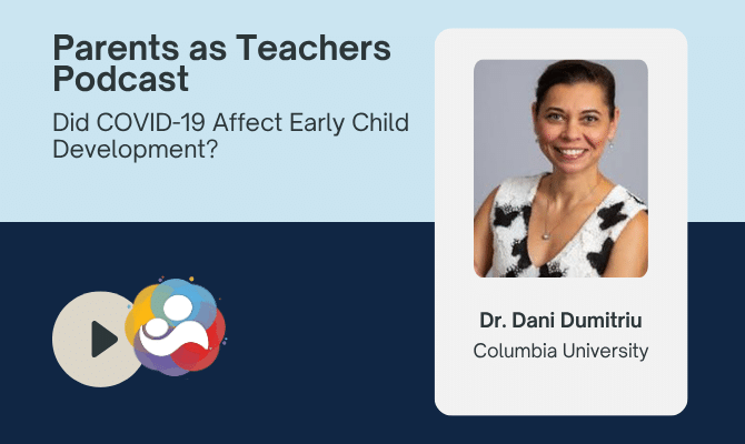 Promotional podcast banner reading "Parents as Teachers Podcast" with guest Dr. Dani Dumitriu from Columbia University and play icon
