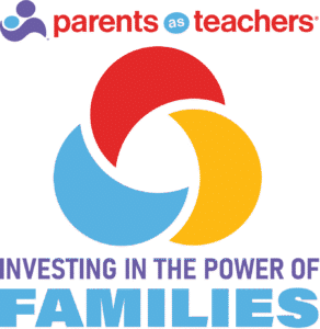 Parents as Teachers logo with three interlocking red, yellow, and blue crescent shapes above text "Investing in the power of families."