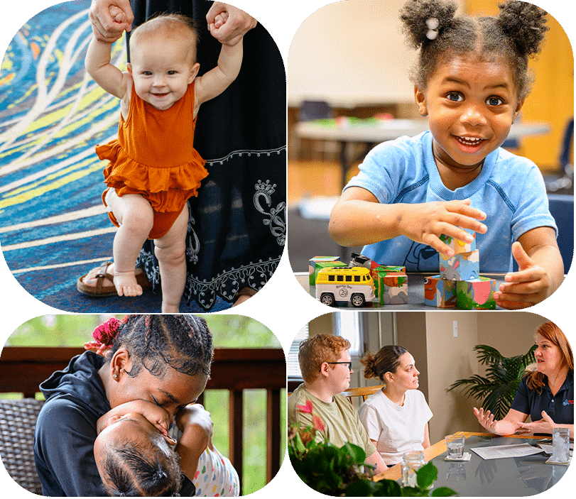 Four photos: a toddler held walking, a smiling child building blocks, a parent hugging a baby, and adults in a meeting.