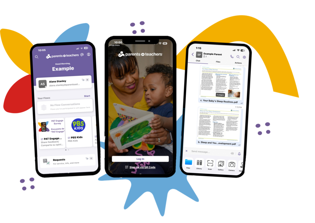 Three smartphone screens show a parents-as-teachers app, a mother reading with a child, and a chat with PDF documents