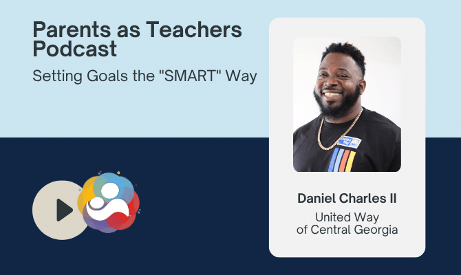 Daniel Charles II Promotional podcast banner reading "Parents as Teachers Podcast" with guest Dr. Dani Dumitriu from Columbia University and play icon