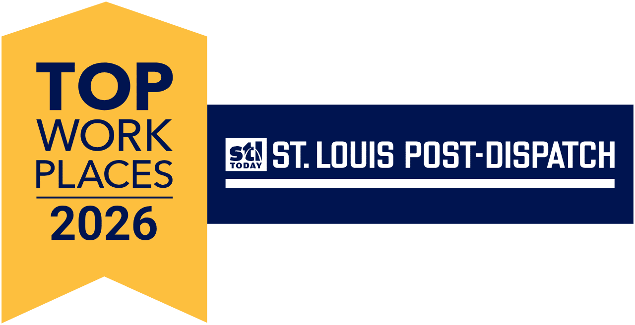 Yellow ribbon reading "TOP WORK PLACES 2026" beside a blue bar with St. Louis Post-Dispatch logo and name