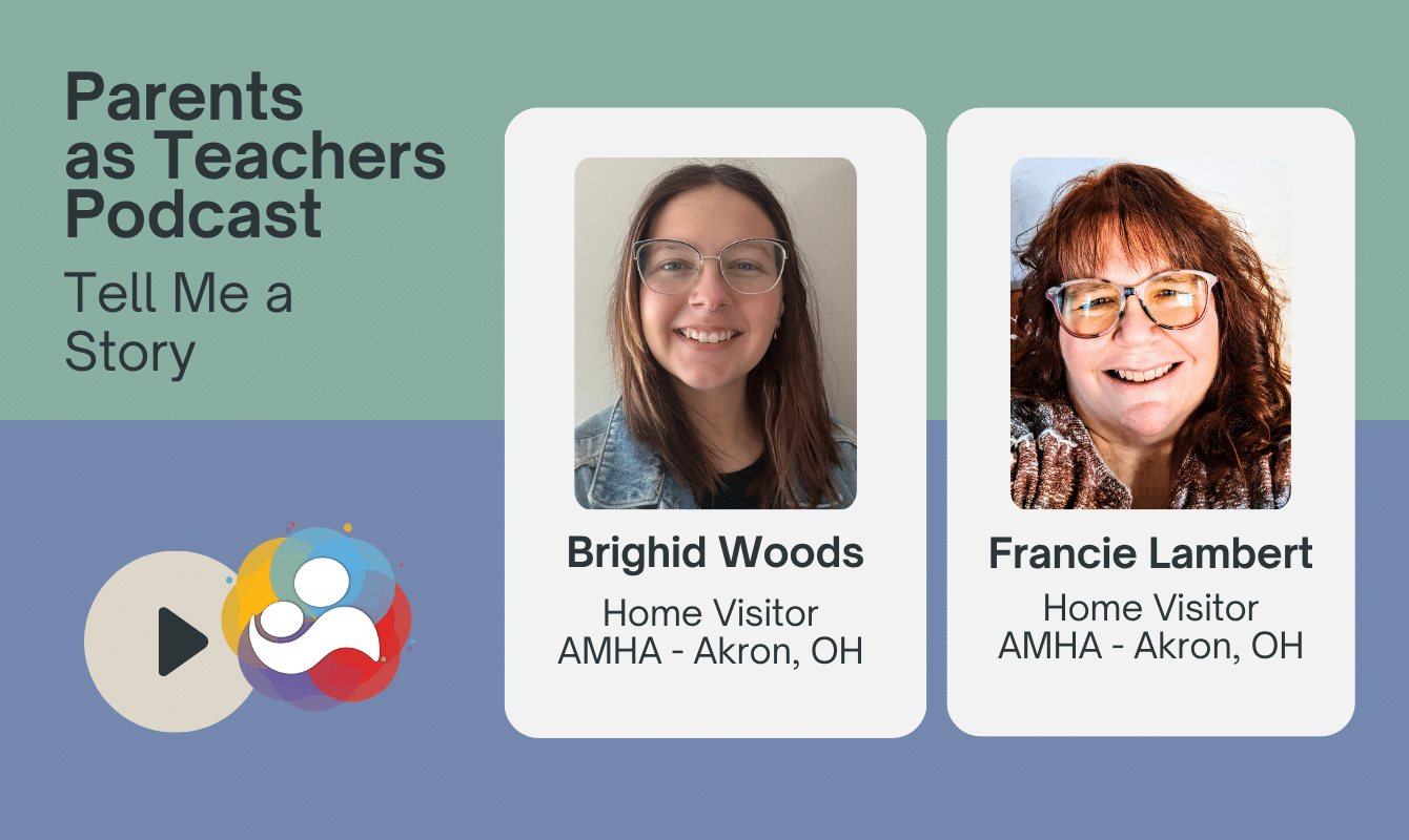 Akron OH Promotional graphic for "Parents as Teachers Podcast" featuring headshot of Dr. Melissa Jonson-Reid with title and affiliation, episode subtitle about home visitors preventing child abuse, and a play button icon.