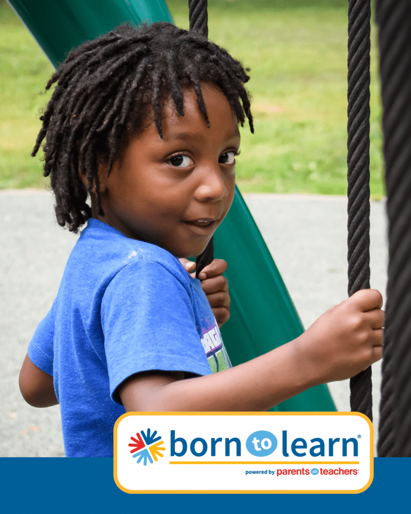 A child wearing a blue T-shirt holds onto thick ropes on an outdoor playground climbing structure. The background includes green playground equipment and a blurred outdoor setting. At the bottom of the image, a banner displays the Born to Learn logo with the text “powered by Parents as Teachers.”