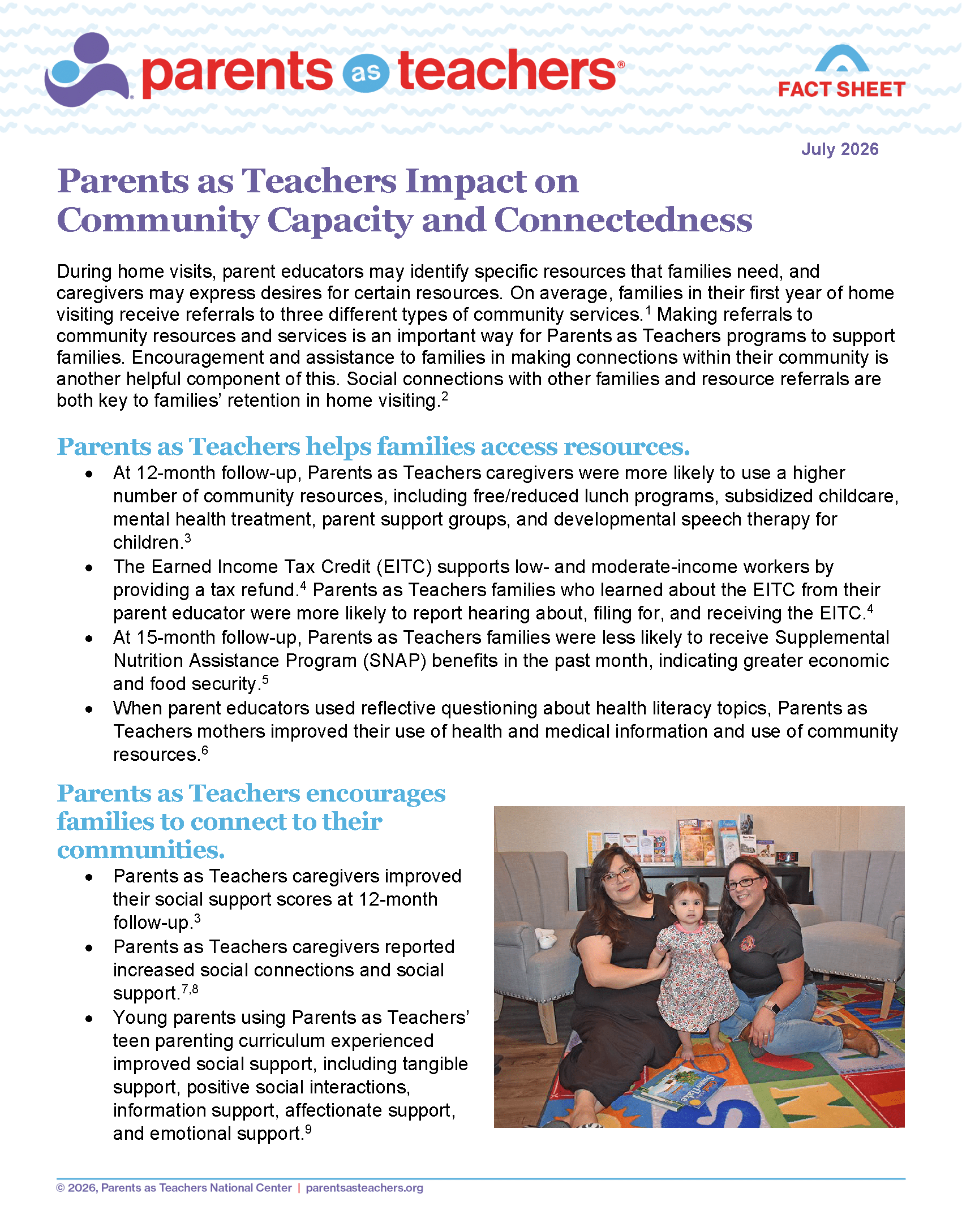 Parents as Teachers fact sheet titled Parents as Teachers Impact on Parent Knowledge and Parenting Practices, with a photo of a family at a doorway and bullet-point research summary