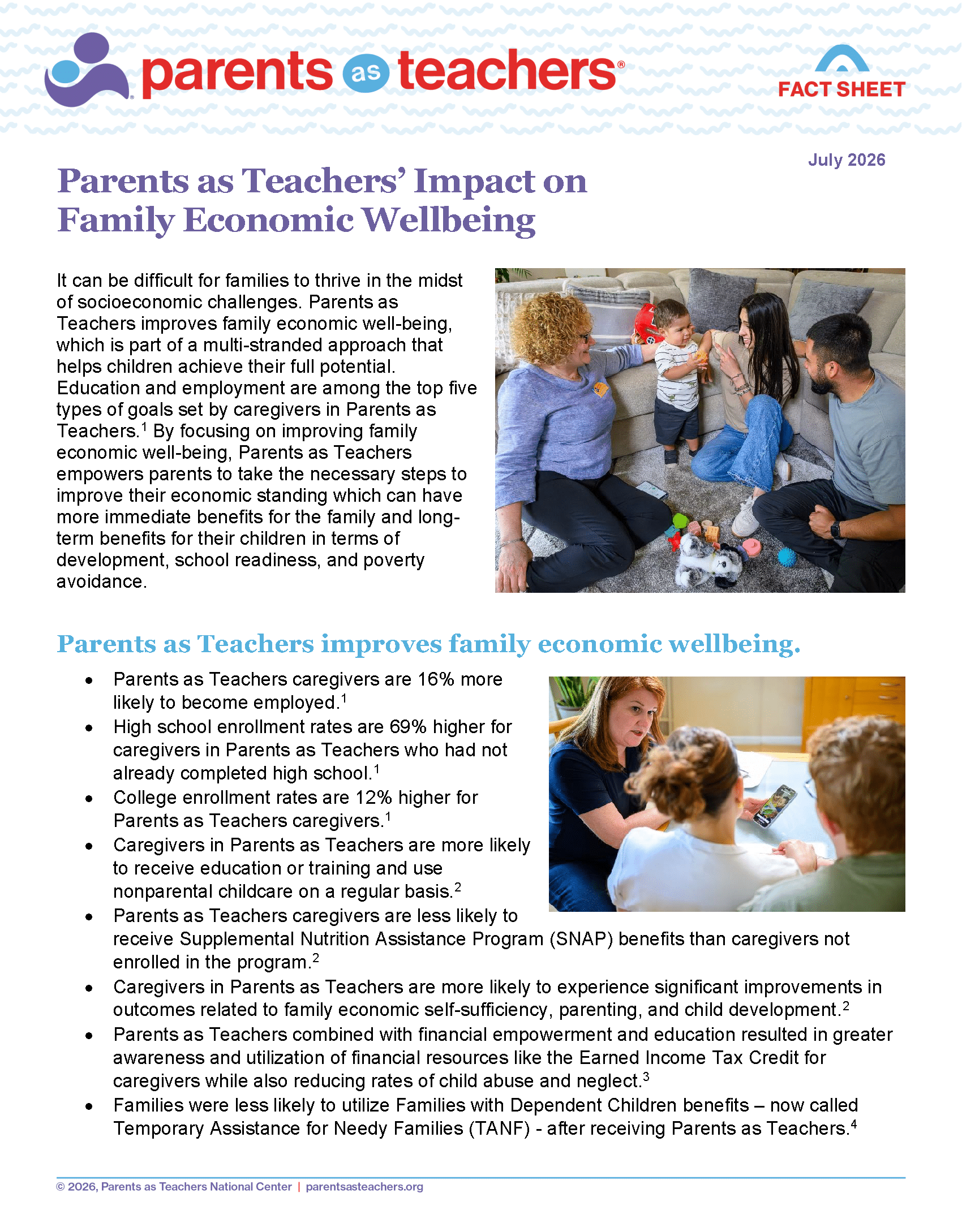 Parents as Teachers fact sheet titled “Impact on Family Economic Wellbeing” with photos of families and bullet-point statistics