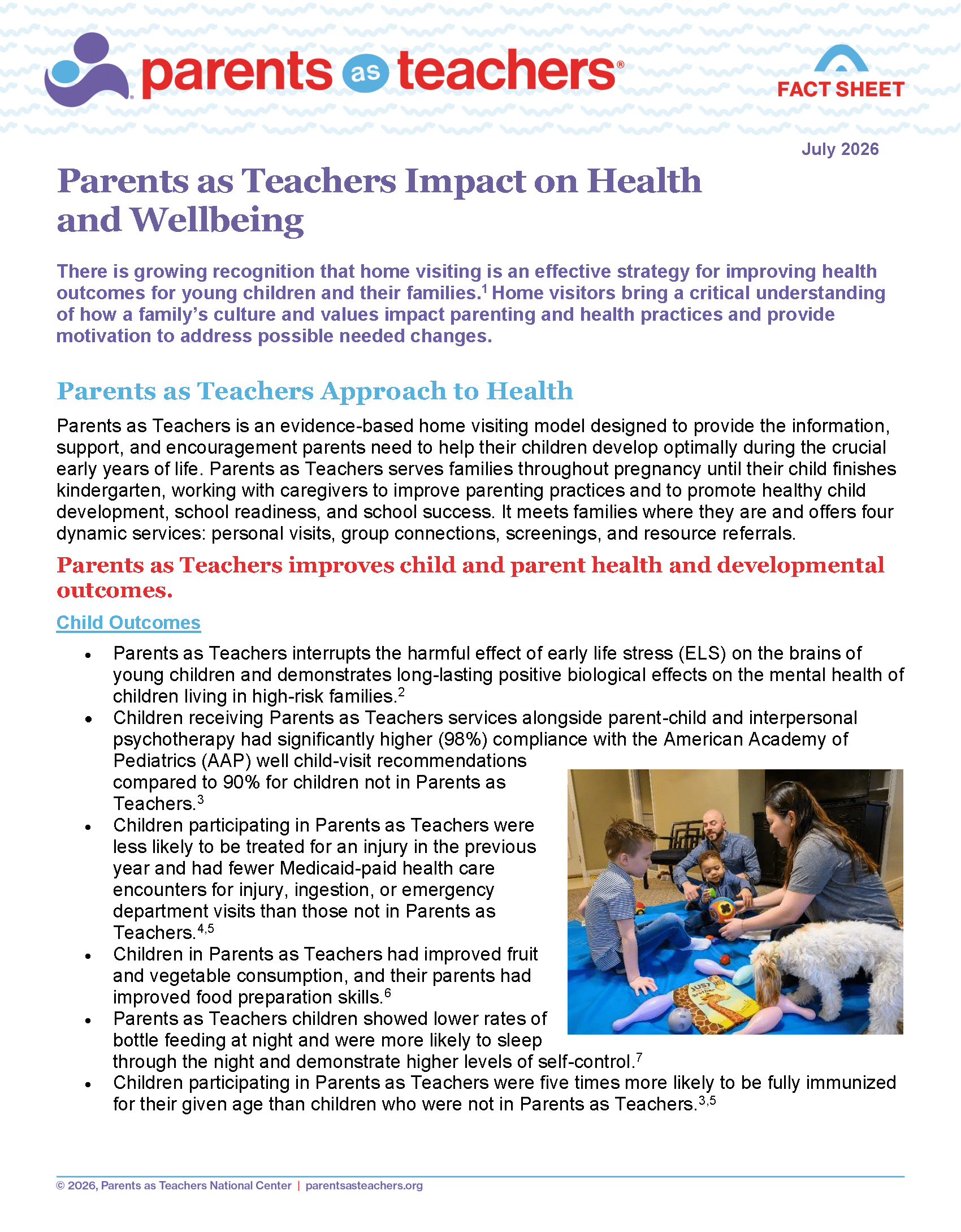 Parents as Teachers fact sheet titled “Parents as Teachers Impact on Health and Wellbeing” with a family play photo and bullet-point outcomes