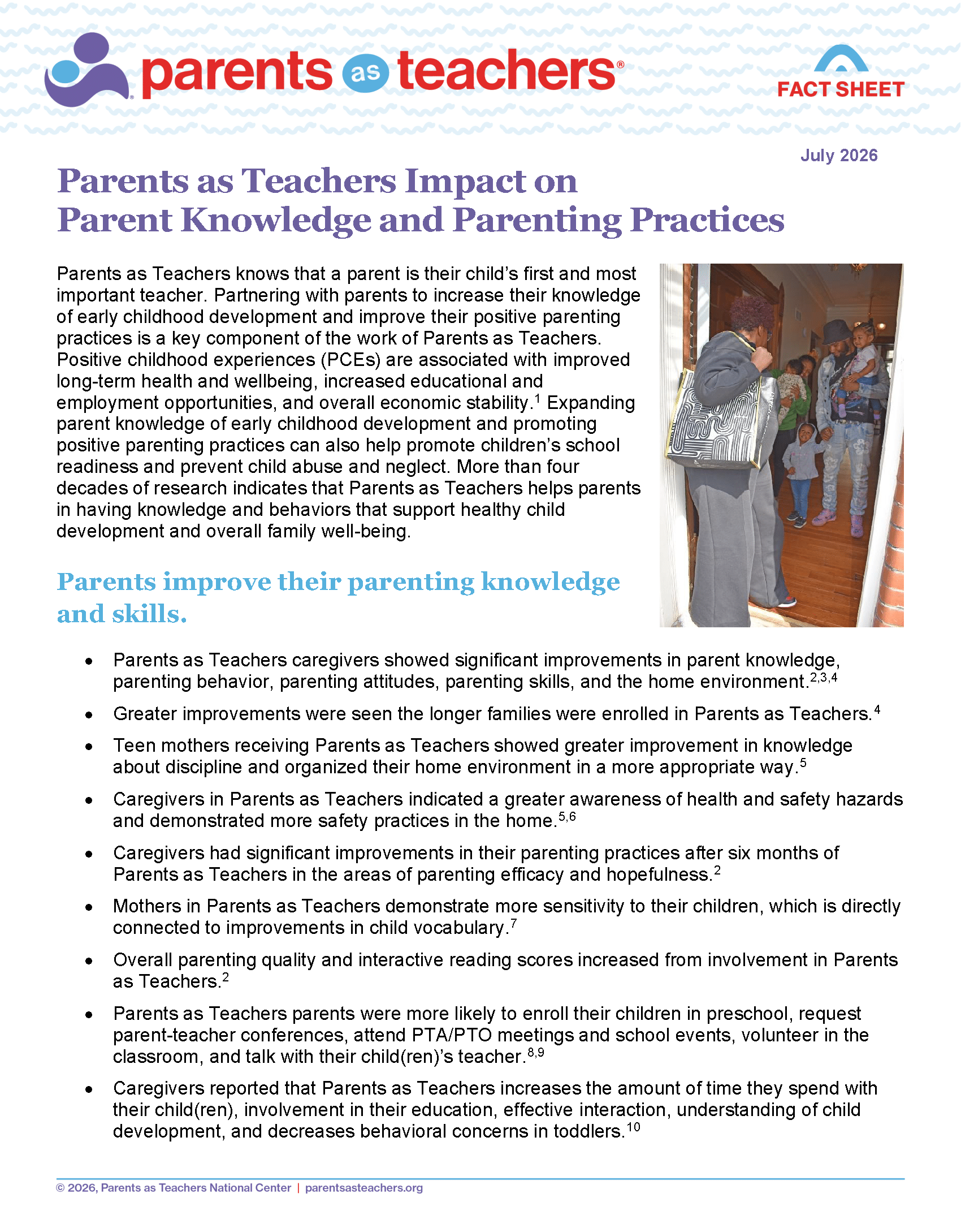 Parents as Teachers fact sheet titled Parents as Teachers Impact on Parent Knowledge and Parenting Practices, with a photo of a family at a doorway and bullet-point research summary