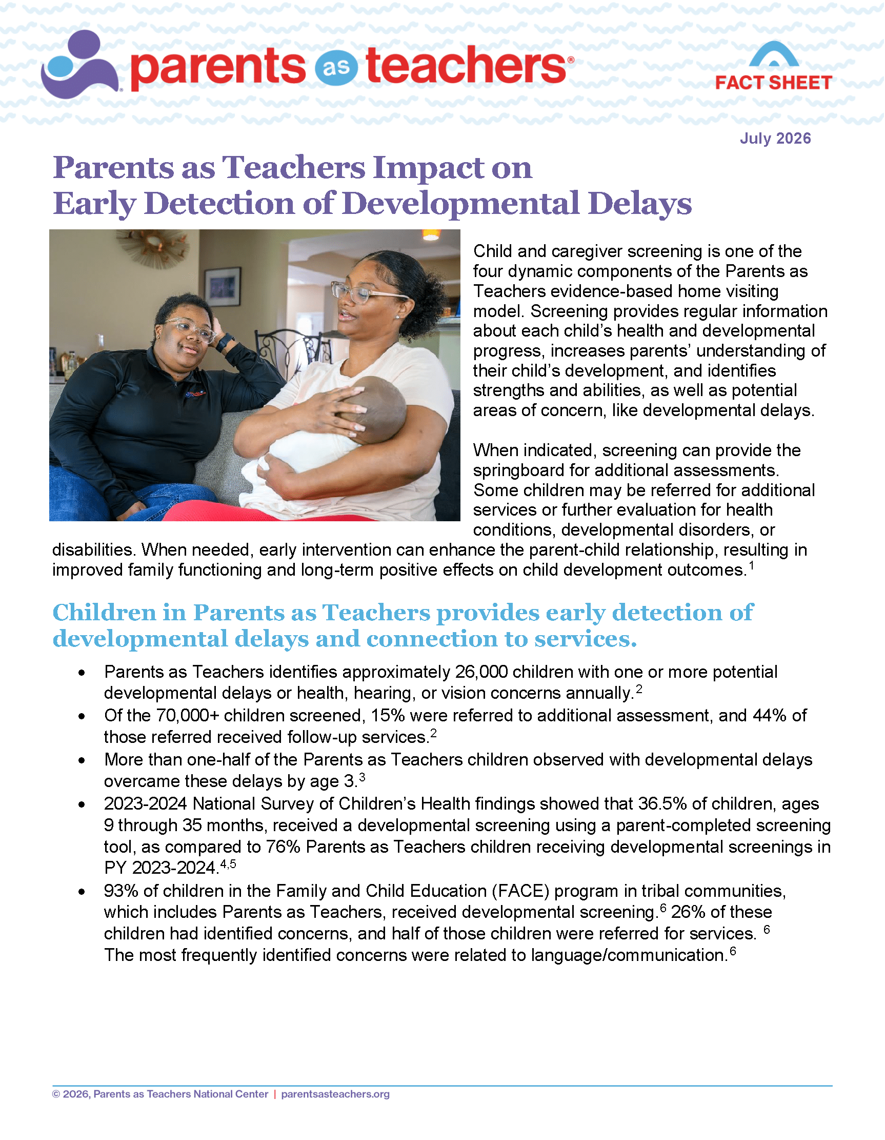 Parents as Teachers fact sheet titled Early Detection of Developmental Delays with caregiver and baby photo and bullet-point statistics