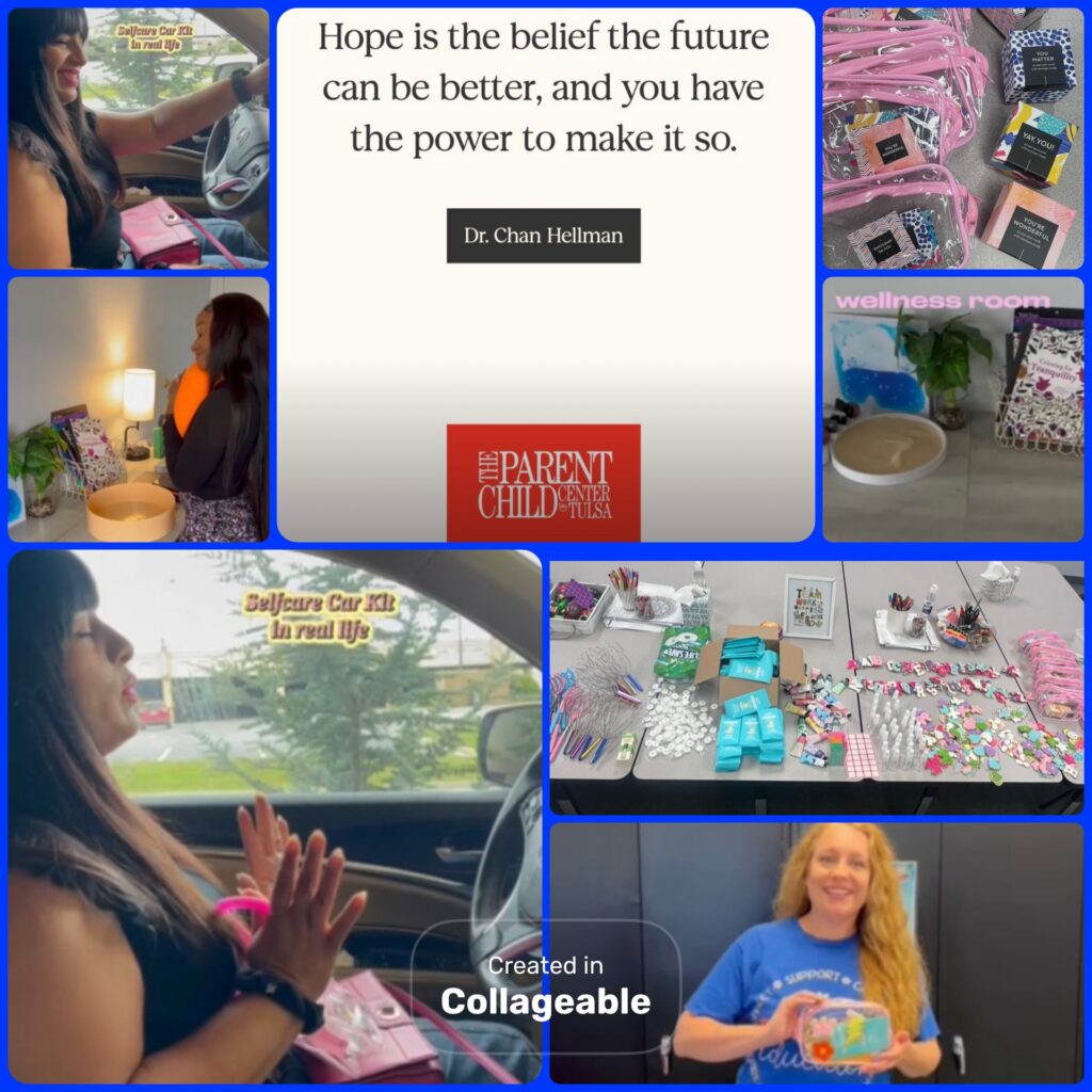 Collage of women in cars and a wellness room with self-care kits, supplies, and a quote about hope by Dr. Chan Hellman