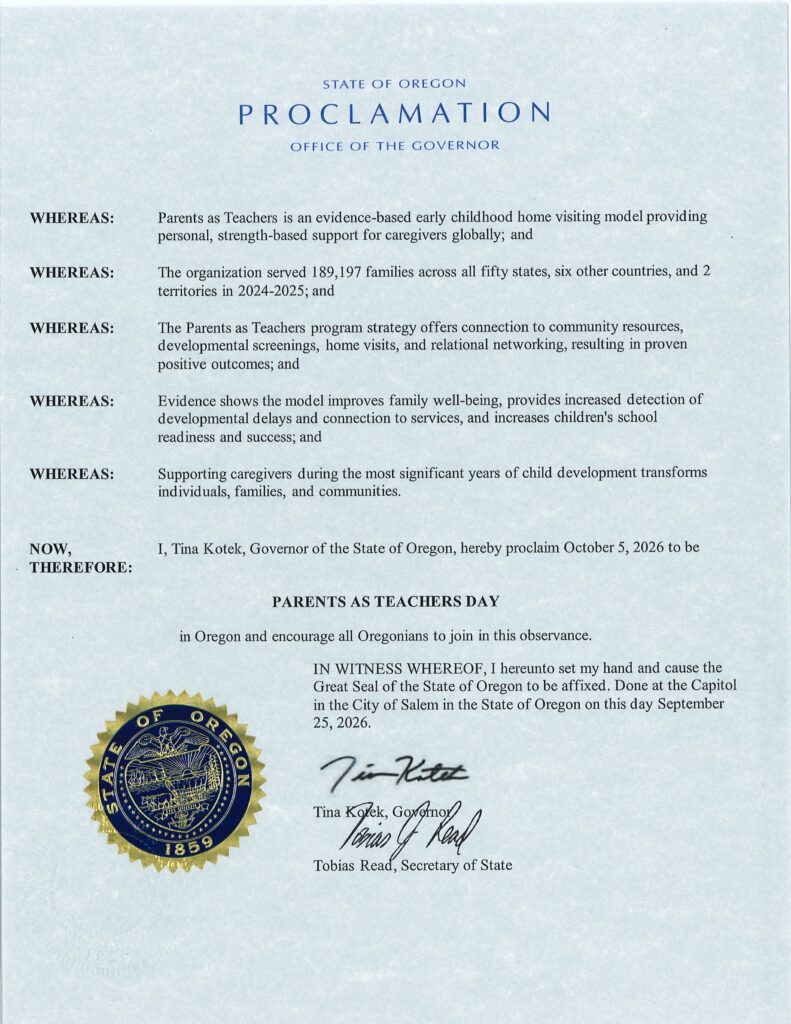 Oregon governor proclamation declaring October 5, 2026, as Parents as Teachers Day, with state seal and signatures