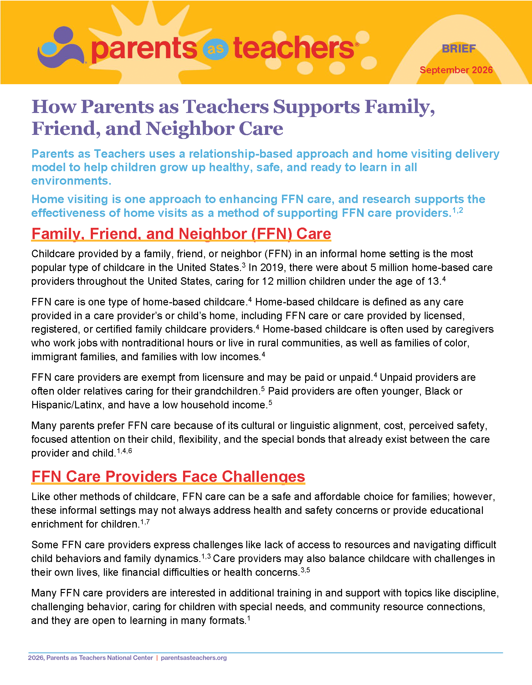Parents as Teachers brief titled How Parents as Teachers Supports Family, Friend, and Neighbor Care, September 2026