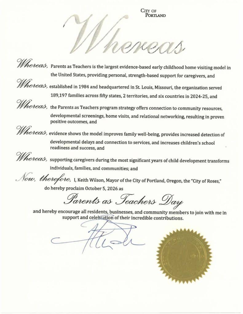 City of Portland proclamation declaring October 5, 2026 Parents as Teachers Day with gold seal and signature